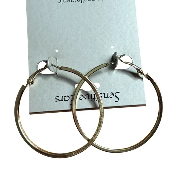 Brushed Gold Tone Hood Earrings-1.75 in Hoops-Sensitive Ears-Hypoallergenic-New - Picture 4 of 5